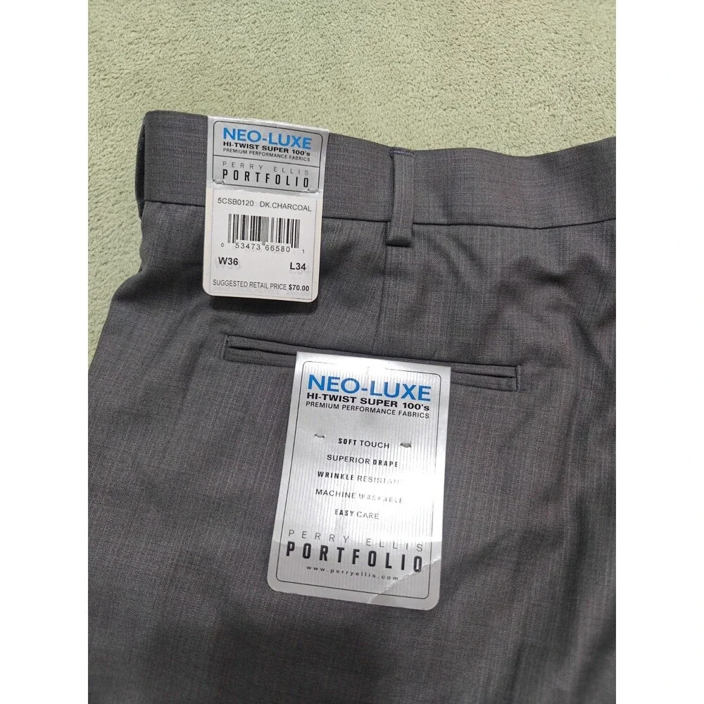 Perry Ellis Mens 36x34 Charcoal Gray Neo Luxe Pleated Cuffed Dress Slacks NWT